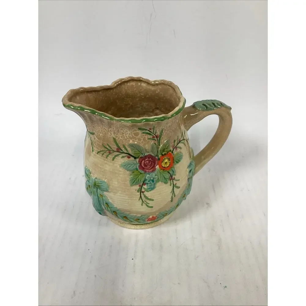 Vintage Majolica Colorful Floral Milk Pitcher - 5.5”H